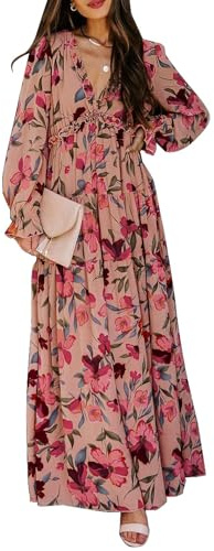 AGUCEG Damen Elegant Maxikleid Damen Sommerkleid Damen LangarmKleid Damen Blumenkleid Damen Bohokleid