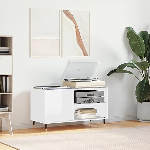 Mobiletto per giradischi moderno con vano per dischi LP bianco lucido console TV media 85 x 38 x 48 cm in legno ingegnerizzato elegante centro intrattenimento