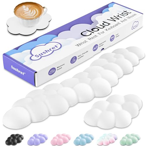 Sushret Cloud Wrist Rest Keyboard and Mouse Set, PU Leather Memory Foam Wrist Support Keyboard, Cute Cloud Arm Rest Pad & Palm Cushion, PC/Gaming Desk Accessory for Office, Computer Setup, White