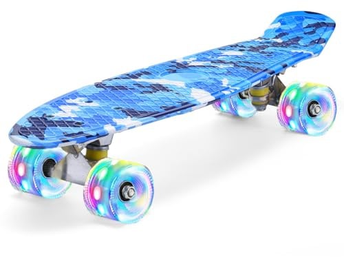 ERNAN Skateboard Komplette 22 Zoll Mini Cruiser Skateboard für Kinder Mit LED Leuchtrollen Skate Board Für Erwachsene Kinder Jungen Anfänger