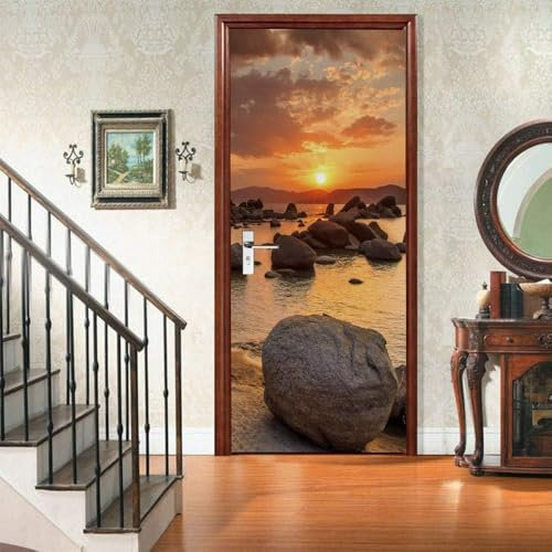 Sticker Porte Plage Au Coucher du Soleil Papier Peint Porte, Plage Au Coucher du Soleil Autocollant Poster Porte Auto-Adhésif, Chambre Salon Décor Mural 3D Stickers Porte 88 x 200 cm q1377