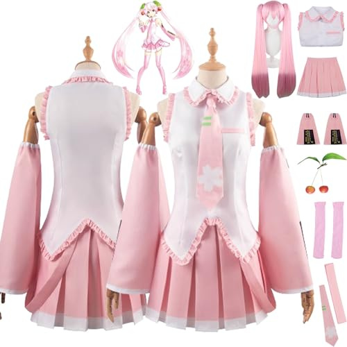 bbganlian Anime Charakter Miku Cosplay Kostüm Outfit H'atsune M'iku Rosa Uniform Full Set Halloween Karneval Party Dress Up Anzug mit Kopfschmuck Perücke für Frauen