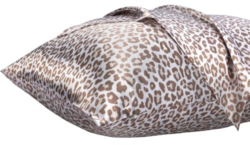 Lirex 2er Set Satin Kissenbezug 50x70cm mit Reißverschluss, Weich wie Seiden Kissenbezüge, Satin Kopfkissenbezug Kissenhülle für Haar und Haut Kommt, Creme Leopard