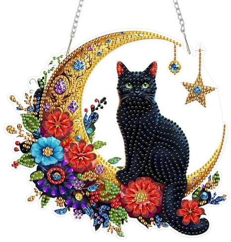EOBROMD Schwarze Katze Diamond Painting Fensterbilder, 5D Mond Diamond Painting Anhänger Deko mit Kette, Blumen Diamant Malerei für Wand Und Eingang Dekoration