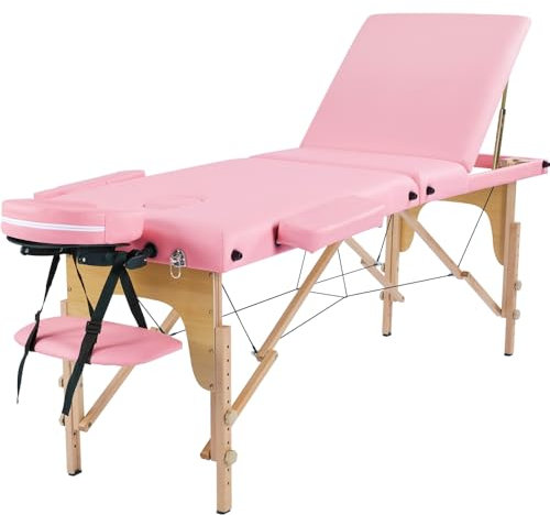 Yaheetech 3-Zonen Massageliege Tragbare Massagebank Höhenverstellbarer Massagetisch mit Kopfstütze und Armlehnen für Physiotherapie bis 250kg belastbar für Massage/Spa/Tattoo/Kosmetik, Hellrosa