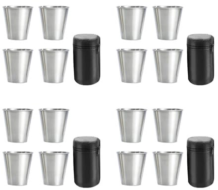 Xnuiasqe Stainless Steel Shot Cups, Set of 16 Cups, Metal Shot Glasses, Stackable, Hip Flask Small with Leather Bag for Outdoor