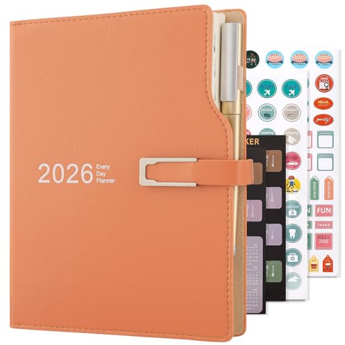 Akademischer Planer 2026 A5, ein Tag pro Seite, Zeitplan-Organizer mit Kalender-Aufklebern, Planer mit Stifthalter und Stift, dickes Papier, 14 x 21,5 cm (orange)