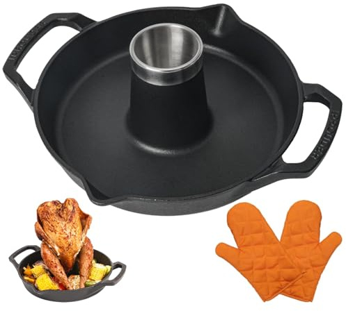 IPROUDER Hühnerbräter aus Gusseisen, vorgebrannter vertikaler Geflügelbräter mit Tropfpfanne, Bierdosenhalter für Grill, Ofen & Smoker