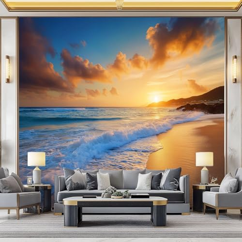 WHUOEUCO Vlies Fototapete Strand Sonnenuntergang Meer 200x140 cm Foto Tapete Art Wandtapete, Schlafzimmer Wohnzimmer Moderne Motivtapeten, 3D Effekt Bildtapete Wand Dekoration