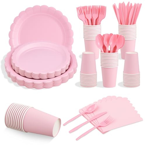 210 Pcs Party Cutlery,30-Guest Pink Party Supplies Set,Disposable Cutlery for Parties,Include Scalloped Plates Paper Napkins Cups Spoons Forks Knives for Wedding,Baby Shower, Birthday