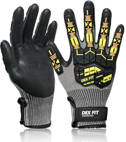 DEX FIT SSG513 Impact Gants anti‑coupure et anti‑impact, ANSI A5, EN388 3242DP (P/Niv. 1), Dos TPR, Paume anti‑vibration, Nitrile moussant, Tactile, Lavable; Gris S (7) 1 Paire