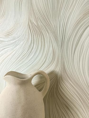 Newroom Vliestapete Türkis Linien Wellen Wohnzimmer Skandinavisch Tapete | cremeweißes Relief mit Schimmer und 3D-Optik, sandartige Struktur, Wandtapete, Mustertapete, Elegant, für Schlafzimmer Flur
