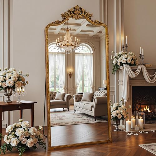 Antok 205x105 cm Ganzkörperspiegel Standspiegel - Vintage Geschnitzter Ankleide Spiegel mit HD Glas BogenSpiegel für Wohnzimmer Schlafzimmer, Gold