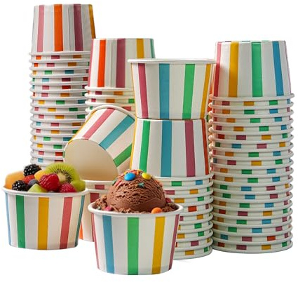 PakTalk 100 Stück Eisbecher Pappe,  Bunten Streifen Dessertschalen | 135ml Kompostierbare Pappbecher für Eis, Desserts, Pudding, Joghurt, Leckerli