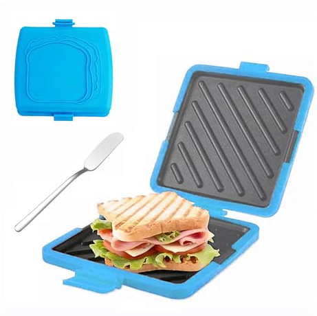 Tostadora y sandwichera para microondas, sandwichera para barbacoa, utensilios de cocina de silicona aptos para microondas, apto para lavavajillas (azul)