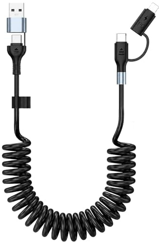 Coiled 2-in-1 USB C and Light-ning Cable, Supports CarPlay & Android Auto | 60W Fast Charging and Data Sync Cord, 4FT Retractable Type C Charging Wire for iPhone 16/15/14/13/12/Android