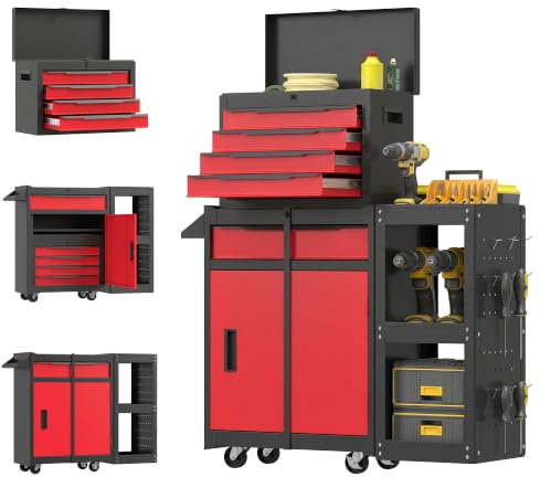 HOMCOM Carro de Herramientas con 5 Cajones 3 en 1 Cerradura Negro y Rojo | Caja de Taller Metálica, Soporte Lateral, Armario Inferior, Paneles Perforados, Asa, 2 Ruedas con Freno de Bloqueo