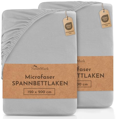 NatureMark Mikrofaser SPANNBETTLAKEN 2er Pack zum Sparpreis! viele Größen und Farben Markenware (Bettlaken 120x200 cm - Silber Grau)