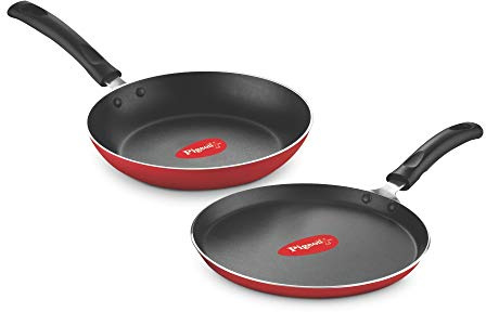 Pigeon Aluminium Nonstick Duo Pack Flat Tawa 250 and Fry Pan 200 Gift Set (Red)