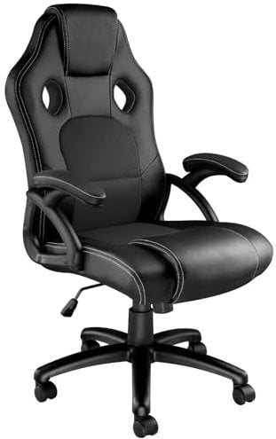 TecTake® Silla Gamer Ergonómica, Ajuste de Altura, Silla de Escritorio de Oficina, Silla de Estudio con Acolchado Cómodo, Silla con Reposabrazos y Ruedas, Sillas Gaming para Ordenador - Negro/Negro