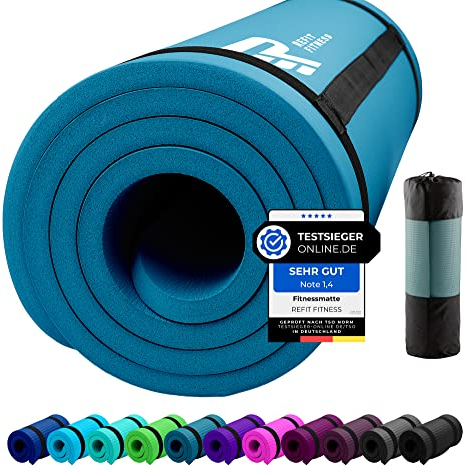 REFIT FITNESS Sportmatte Comfort-Max 190 x 60 x 1.5 cm Petrolblau Blau PainProtect SmartCell NBR Yogamatte Rutschfest Tragegurt Gymnastikmatte Matte für Sport Yoga Gymnastik Pilates