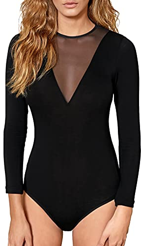 VEDATS Damen Body Langarm Rundhals Bodysuit mit transparentem Netzeinsatz (S)