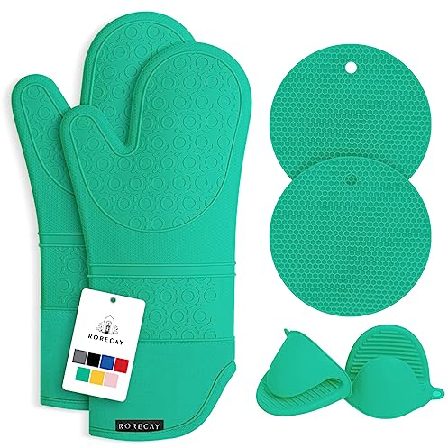 Rorecay Ofenhandschuhe & Topflappen Set - Extra Lange Küchenhandschuhe aus Silikon mit Mini-Schnapphandschuhen und Topflappen für die Küche zum Backen, Kochen oder Grillen 6er-Pack, Grau