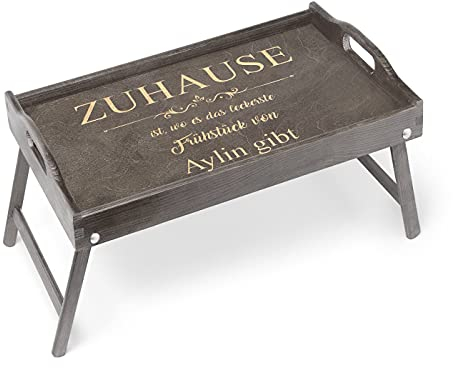 Maverton Betttablett mit Gravur - personalisiert - Sofatisch mit Griffen - klappbar - erhöhter Rand - Geburtstagsgeschenk für Frauen - Einzugsgeschenke - Grau - Leckeres