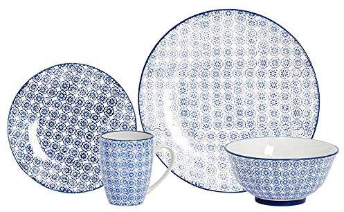 Nicola Spring Hand Printed 24 Piece Dinner Set - Navy - Porcelain Japanese Style Dinner Plates, Bowls, Side Plates and Tea Coffee Mugs for Kitchens, Cafes & Restaurants