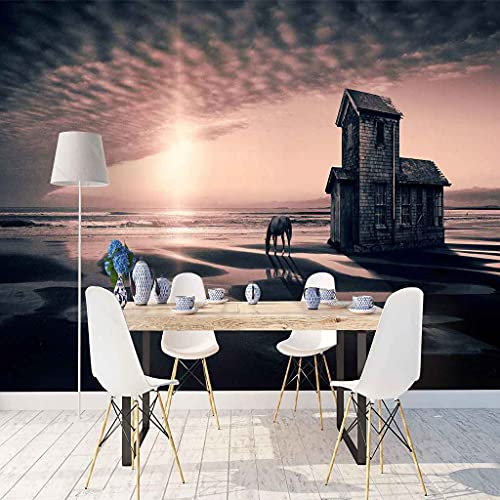 QMWZZV Custom Wallpaper 3D Photo Murals Sunset Beach Hut Pattern Wall Paper Mural Ceiling Living Room Bedroom Bathroom Home Decoration DIY Wall Murals Large Wallpaper 400X280 cm