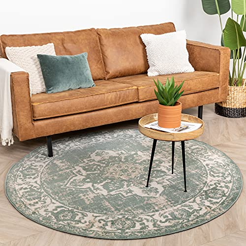 FRAAI | Home & Living Teppich Vintage Rund - Spring Medaillon Grün Creme - Polypropylen - Kurzflor - Vintage - Boho, Orientalisch - Wohnzimmer, Esszimmer, Schlafzimmer - Carpet