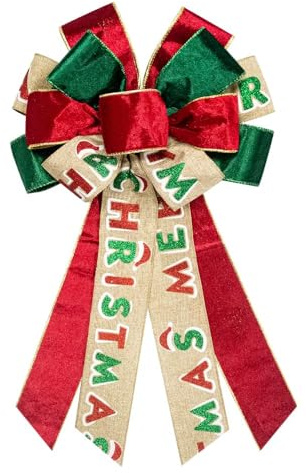 Hying Large Christmas Bow for Wreath, Green Red Velvet Bows for Front Door Wall Fence Decor, Merry Christmas Words Wreath Bow Tree Topper Bow for Winter Christmas Party Decoration Supplies