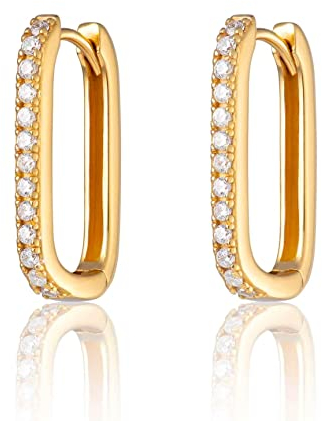Brandlinger ® eckige Statement Ohrringe Silber 925. Creolen rechteckig. Schmuck Damen vergoldet mit 18 Karat (Silber und Gold) für Frauen und Mädchen. Größe der Hoops 20,3mm. (Gold (weiße Steine))