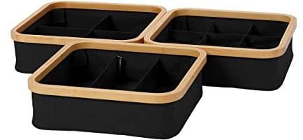 Lumaland faltbarer Organizer mit Bambus-Rahmen im 3er Set drei Boxen mit unterschiedlich großen Fächern 30 x 30 x 9 cm (3/4/9 Aufteilung), Anthrazit