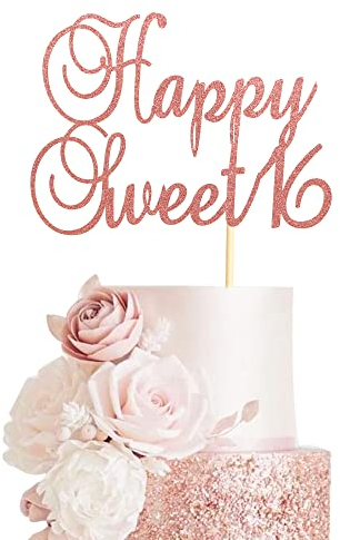 Arthsdite Happy Sweet 16 Cake Topper 16th Birthday Cake Picks Sweet Sixteen Decorations 16th Birthday Decorations - Rose Gold Glitter