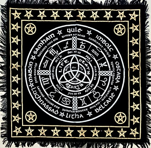 INDIAN CRAFT CASTLE Altartuch, heidnisches Rad, Hexerei, Alter Tarot-Spreiz, Wicca, quadratisch, spirituell, 45,7 x 45,7 cm, heiliges Tuch, heidnisches Rad, Gold und Silber
