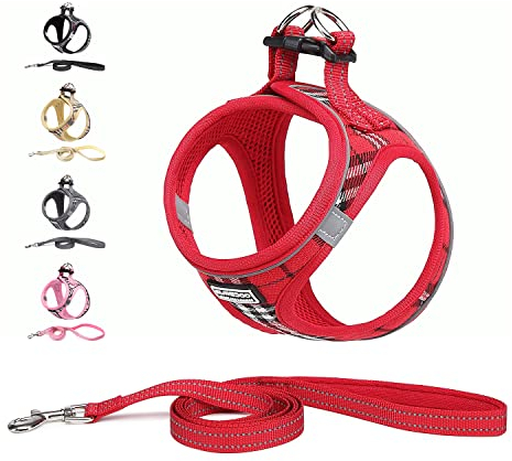 Suredoo Hundegeschirr Kleine Hunde mit Leine, Anti Zug Geschirr Reflektierend Atmungsaktiv Brustgeschirr, Welpengeschirr für Kleine Hunde (Rot Kariert, M, Brust: 34-39cm)