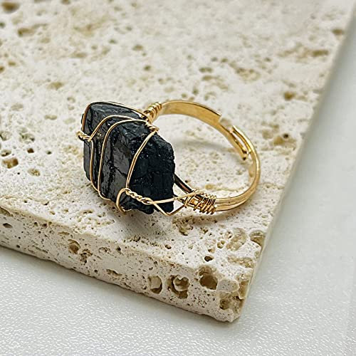 ASDFY Natürlicher Schwarzer Turmalin-Ring, Unregelmäßiger Kristall, Goldfarben, Drahtwickelring, Verstellbar, Offene Steinringe, Reiki-Balance, Knöchel-Fingerringe, Ewigkeitsring Für Frauen, Mädchen