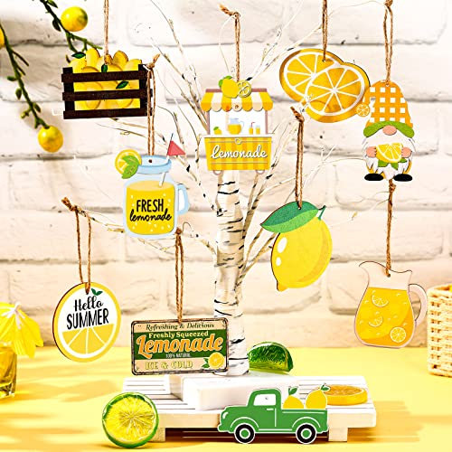 30 Stück Sommerbaumschmuck Holzzzwerge hängende Ornamente Sommer Obst Holz Geschenkanhänger mit Schnur Sommer Baum Dekorationen für Zuhause Hawaii Urlaub Party Dekoration (Limonade Stil)