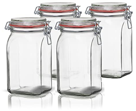 BigDean 4er Set Vorratsgläser 1,1L - Einmachgläser mit Deckel & Bügelverschluss - Made in Germany - Drahtbügelgläser zum luftdichten Aufbewahren, Einlegen & Einkochen - Glas, eckig