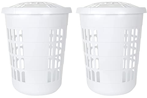 JMS we create smile (𝟐 𝐏𝐚𝐜𝐤) Large 60L High Grade Plastic 60 Litre Tall Round Hamper Laundry Basket with Lid for Clothes Washing, Bedding Linen Storage - 𝐌𝐚𝐝𝐞 𝐢𝐧 𝐔.𝐊.