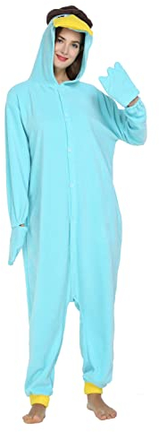 LorranTree Schnabeltier Kostüm Onesie Perry Platypus Tier Kostuem Damen Herren Schlafanzug Weihnachten Karneval Einteiler YZS-Blue-L
