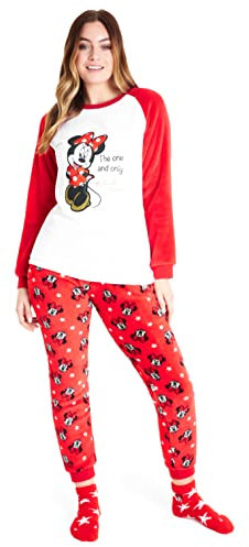 Disney Pigiama Donna Invernale in Pile con Calze Stitch Topolino Minnie Baby Yoda (Rosso Bianco Minnie, S)