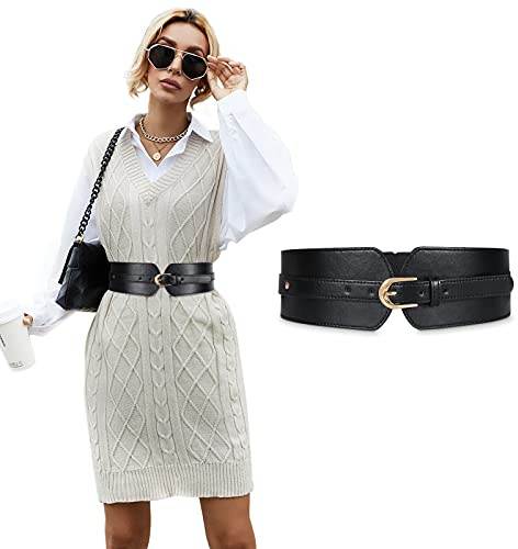 Women Wide Belt with Buckle for Dresses, Stretchy Elastic Black Waist Belt