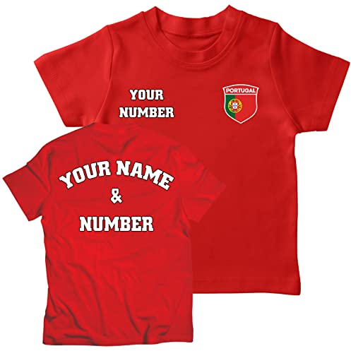 lepni.me Personalisiertes Kinder-Fußballtrikot Portugal-T-Shirt | Name und Nummer | Portugiesische Flagge Abzeichen | Fußball-Europameisterschaft (9-11 Jahre Rot Mehrfarben)