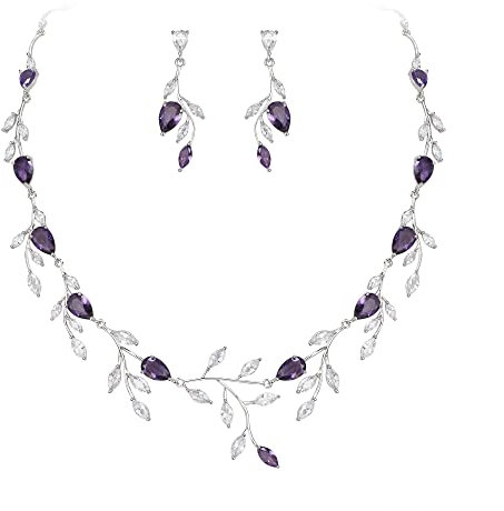 Ever Faith Party Jewellery Sets for Women, Sparkly Cubic Zirconia Pear-Shaped Birthstone Leaf Necklace Earrings Set for Prom Purple Silver-Tone