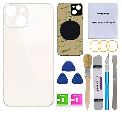 Perzework OEM Ersatz-Rückglas für iPhone 13 Mini, 13,7 cm (5,4 Zoll), Sternenlicht / Weiß, mit Reparaturwerkzeugset