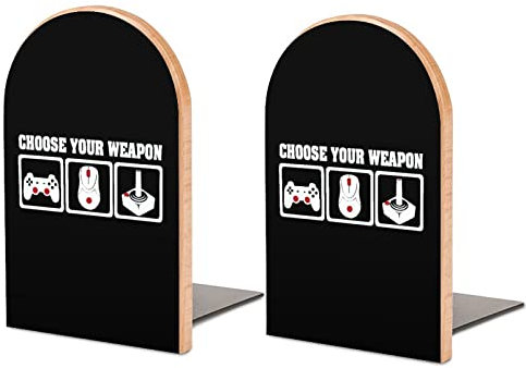 Choose Your Weapon Gaming Video Game Wooden Bookends Non-Skid Book Holder Funny Book Organizer Book Ends Decorativer