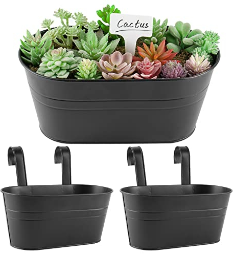 BOFUNX 2pcs Hängetöpfe Set Vintage Pflanztopf Blumentopf Übertopf mit Haken Balkon Blumentopf Hängend für Dekotation Balkon Draussen Innenwand Garten Wand Geländer Zaun(Schwarz 27×14×22cm)