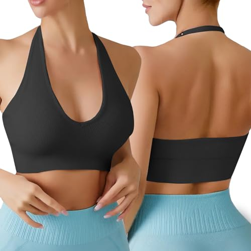 Sport BH Damen Sexy Neckholder Rückenfrei Tiefer V Ausschinitt Backless Sport BH ohne Bügel Gepolstert Push Up Bra Seamless Verstellbare Träger Mid Impact Support Fitness Yoga